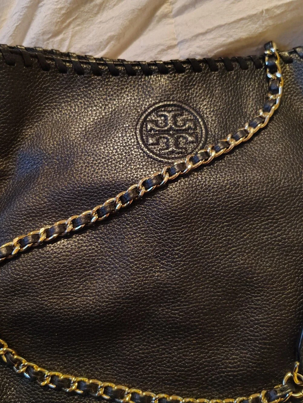 Tory Burch Marion Black Pebbled Leather Tote